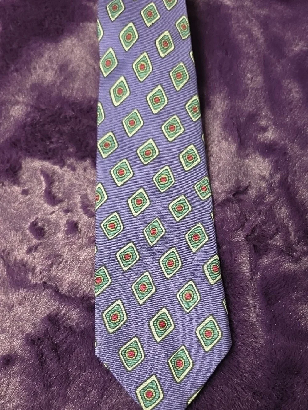 Polo by Ralph Lauren Purple Silk Tie with Green and Red Diamond Motifs